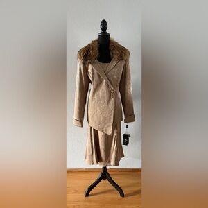 Milano 2pc Light Brown Shimmer Skirt Suit with Faux Fur, Size 16
